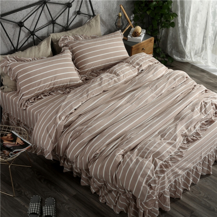 91家纺网 家纺一手货源 找家纺 福丽莱  全棉色织水洗棉四件套1.8m床（床裙款）莫妮卡-咖