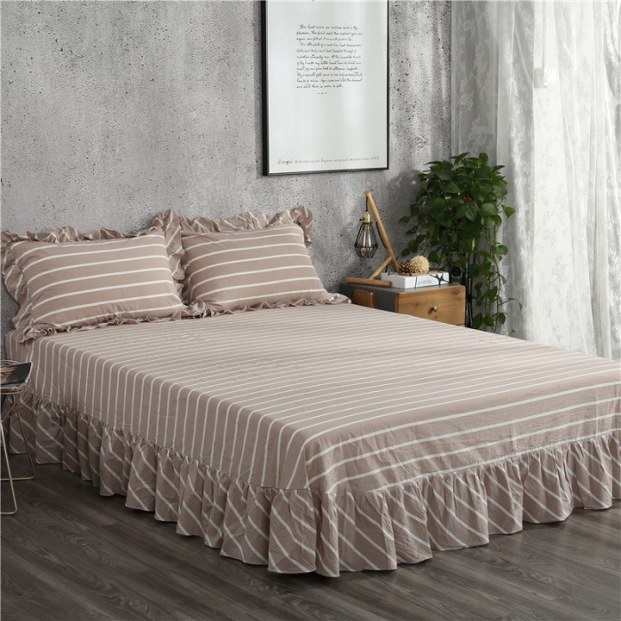 91家纺网 家纺一手货源 找家纺 福丽莱  全棉色织水洗棉四件套1.8m床（床裙款）莫妮卡-咖