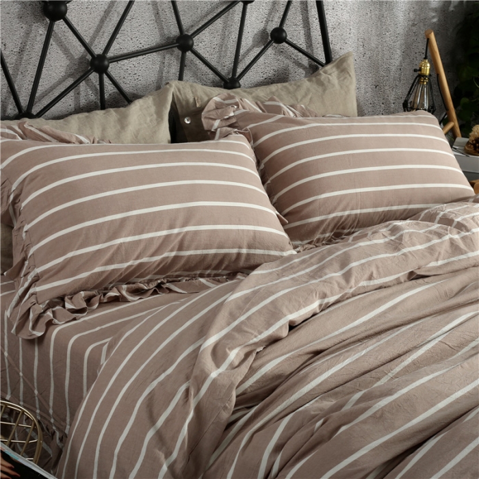 91家纺网 家纺一手货源 找家纺 福丽莱  全棉色织水洗棉四件套1.8m床（床裙款）莫妮卡-咖