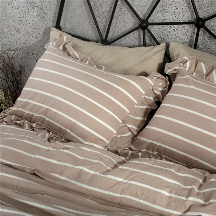 91家纺网 家纺一手货源 找家纺 福丽莱  全棉色织水洗棉四件套1.8m床（床裙款）莫妮卡-咖