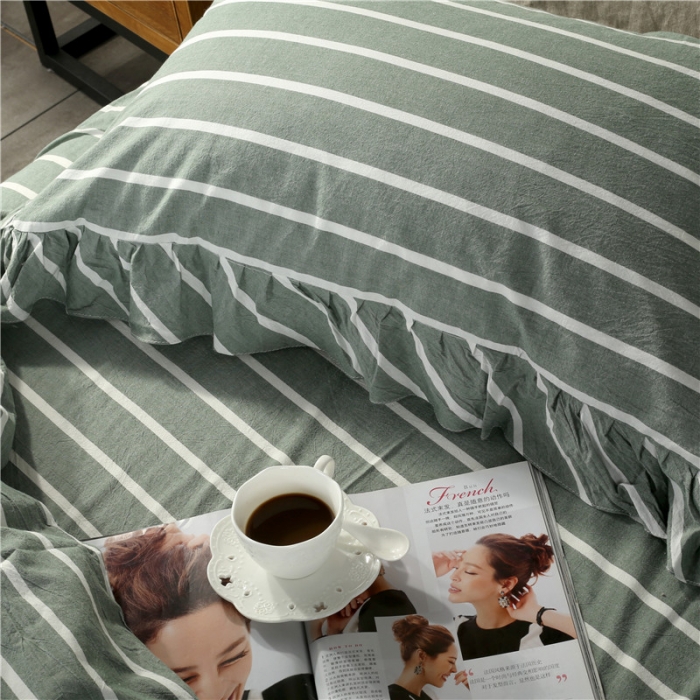 91家纺网 家纺一手货源 找家纺 福丽莱 全棉色织水洗棉四件套1.8m床（床裙款）莫妮卡-绿