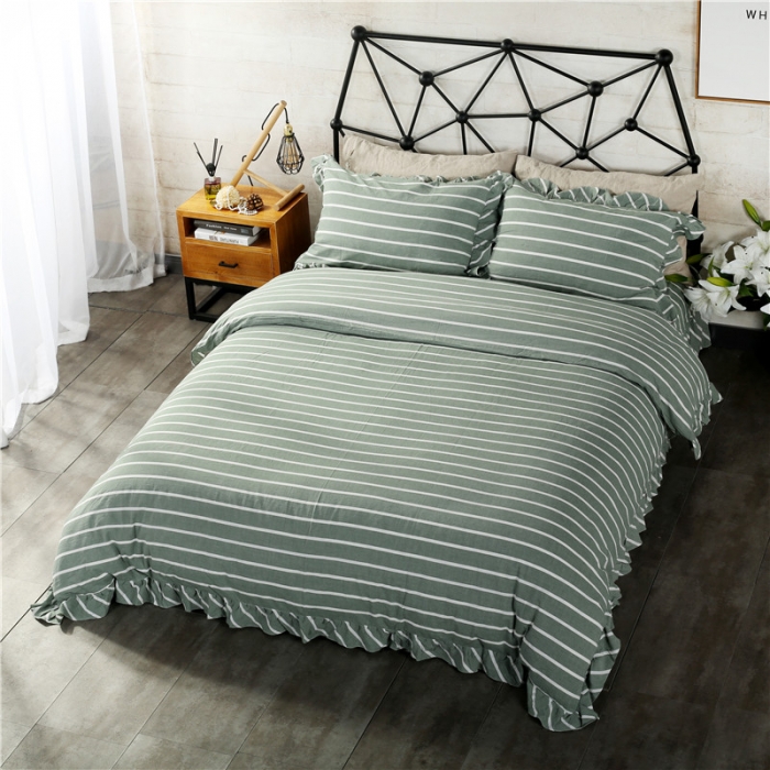 91家纺网 家纺一手货源 找家纺 福丽莱 全棉色织水洗棉四件套1.8m床（床裙款）莫妮卡-绿
