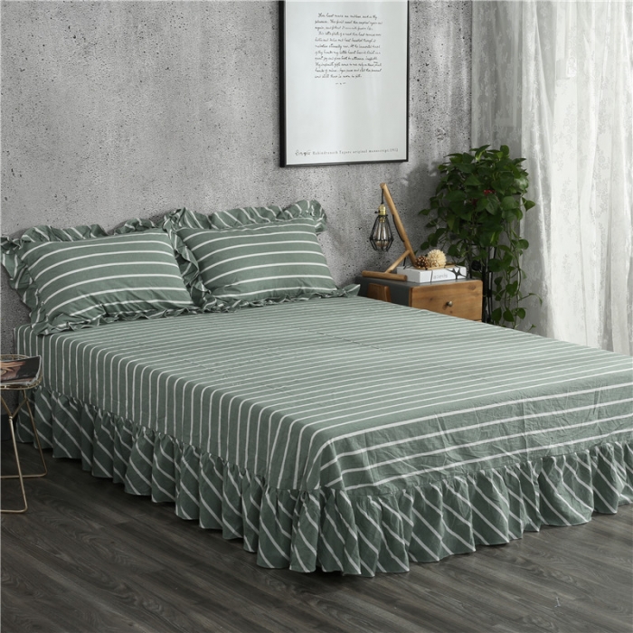 91家纺网 家纺一手货源 找家纺 福丽莱 全棉色织水洗棉四件套1.8m床（床裙款）莫妮卡-绿