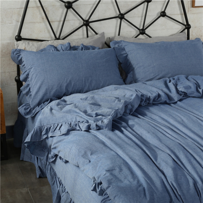 91家纺网 家纺一手货源 找家纺 福丽莱家纺 全棉色织水洗棉四件套1.8m床（床裙款）牛仔蓝