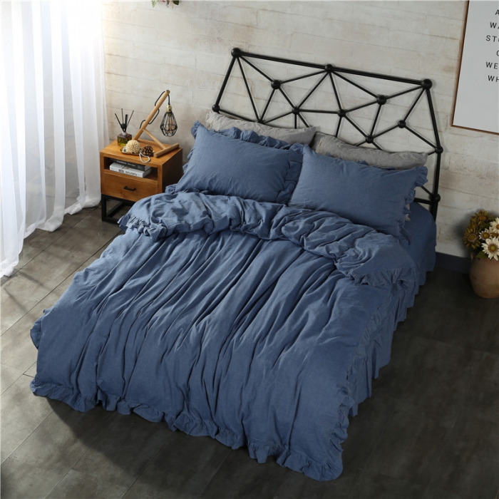 91家纺网 家纺一手货源 找家纺 福丽莱家纺 全棉色织水洗棉四件套1.8m床（床裙款）牛仔蓝