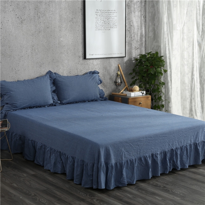 91家纺网 家纺一手货源 找家纺 福丽莱家纺 全棉色织水洗棉四件套1.8m床（床裙款）牛仔蓝