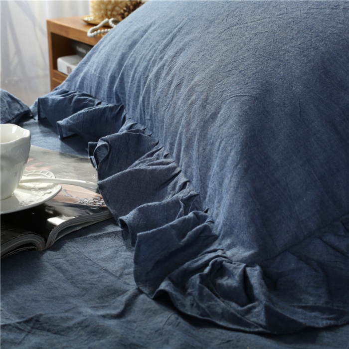 91家纺网 家纺一手货源 找家纺 福丽莱家纺 全棉色织水洗棉四件套1.8m床（床裙款）牛仔蓝