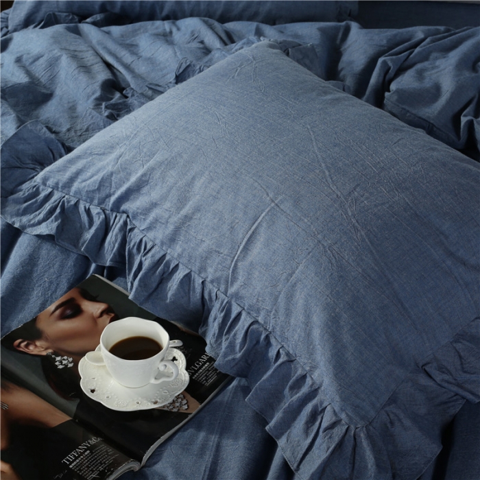 91家纺网 家纺一手货源 找家纺 福丽莱家纺 全棉色织水洗棉四件套1.8m床（床裙款）牛仔蓝