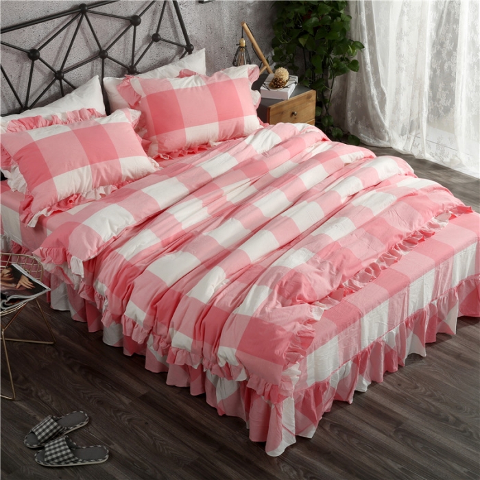 91家纺网 家纺一手货源 找家纺 福丽莱家纺 全棉色织水洗棉四件套1.8m床（床裙款）玉大格