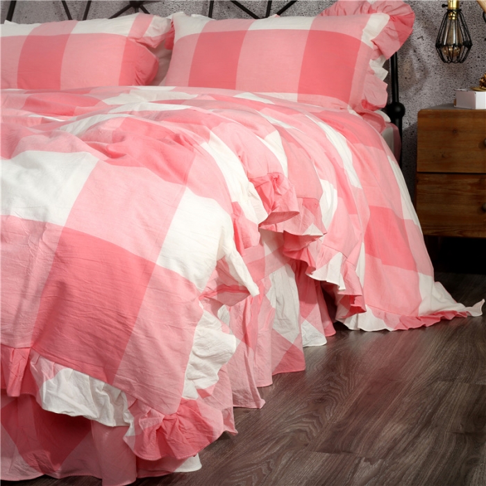 91家纺网 家纺一手货源 找家纺 福丽莱家纺 全棉色织水洗棉四件套1.8m床（床裙款）玉大格