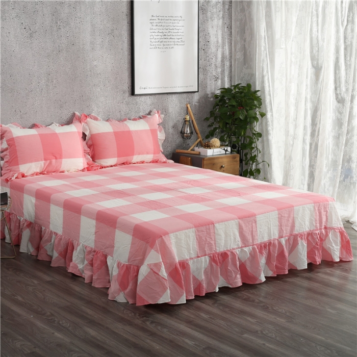 91家纺网 家纺一手货源 找家纺 福丽莱家纺 全棉色织水洗棉四件套1.8m床（床裙款）玉大格