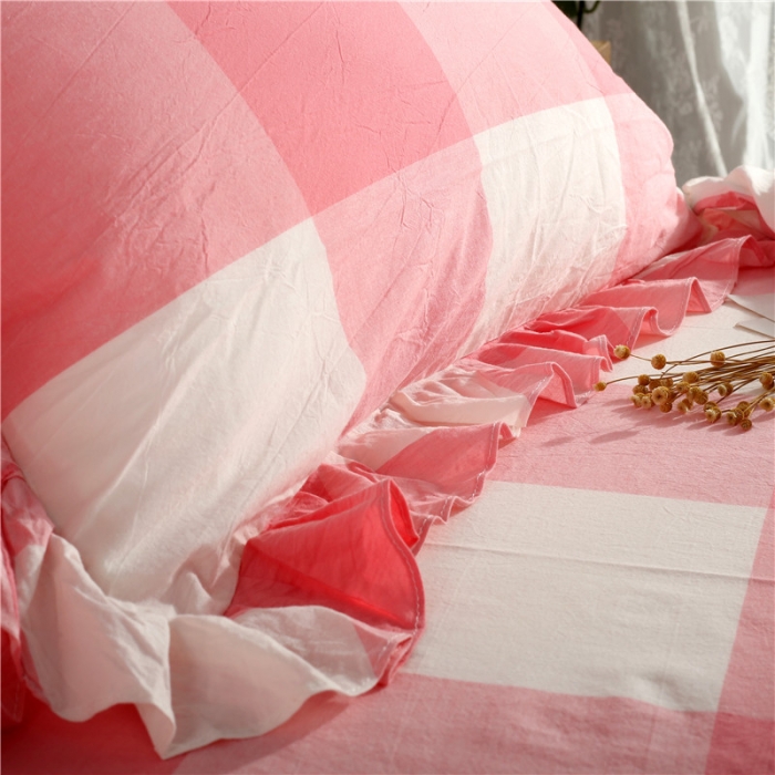 91家纺网 家纺一手货源 找家纺 福丽莱家纺 全棉色织水洗棉四件套1.8m床（床裙款）玉大格