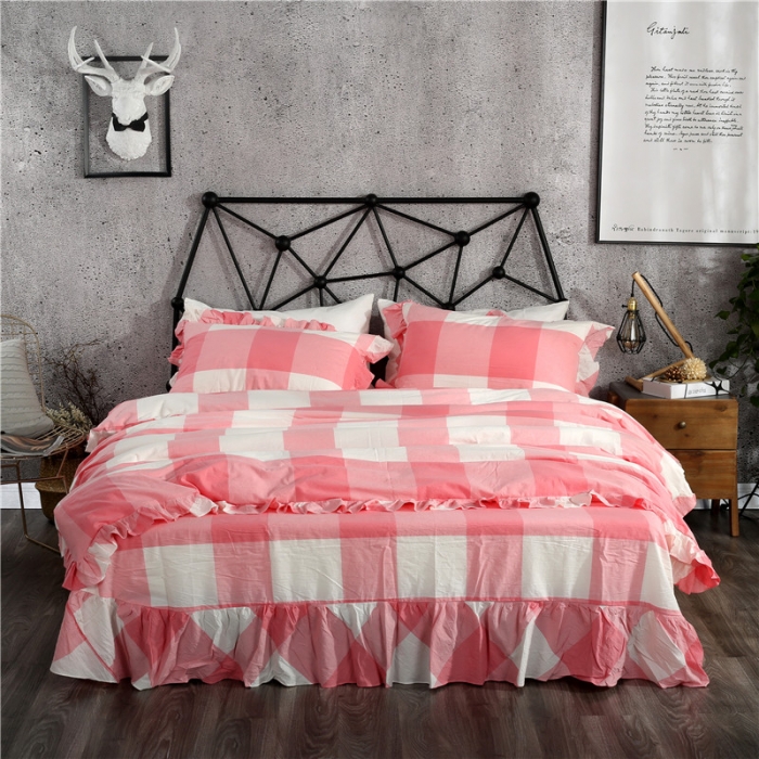 91家纺网 家纺一手货源 找家纺 福丽莱家纺 全棉色织水洗棉四件套1.8m床（床裙款）玉大格