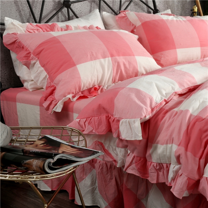 91家纺网 家纺一手货源 找家纺 福丽莱家纺 全棉色织水洗棉四件套1.8m床（床裙款）玉大格