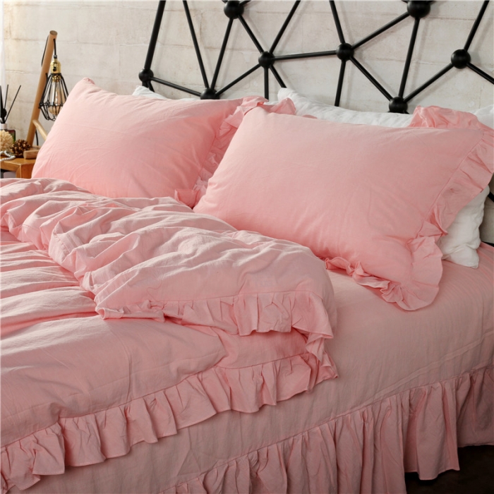 91家纺网 家纺一手货源 找家纺 福丽莱 全棉色织水洗棉四件套1.8m床（床裙款）中粉