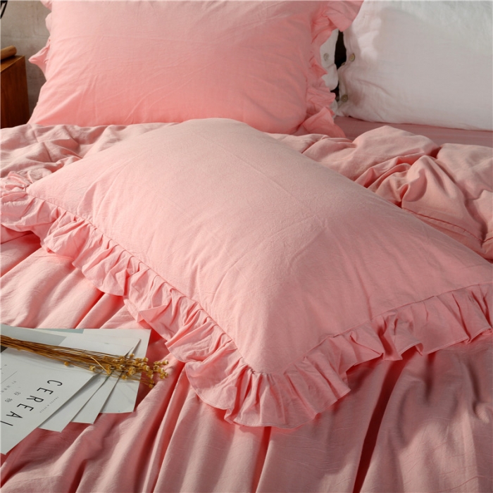 91家纺网 家纺一手货源 找家纺 福丽莱 全棉色织水洗棉四件套1.8m床（床裙款）中粉