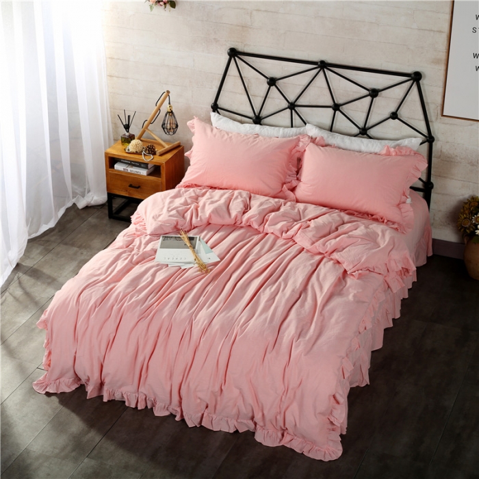 91家纺网 家纺一手货源 找家纺 福丽莱 全棉色织水洗棉四件套1.8m床（床裙款）中粉