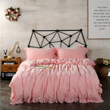 福丽莱 全棉色织水洗棉四件套1.8m床（床裙款）中粉