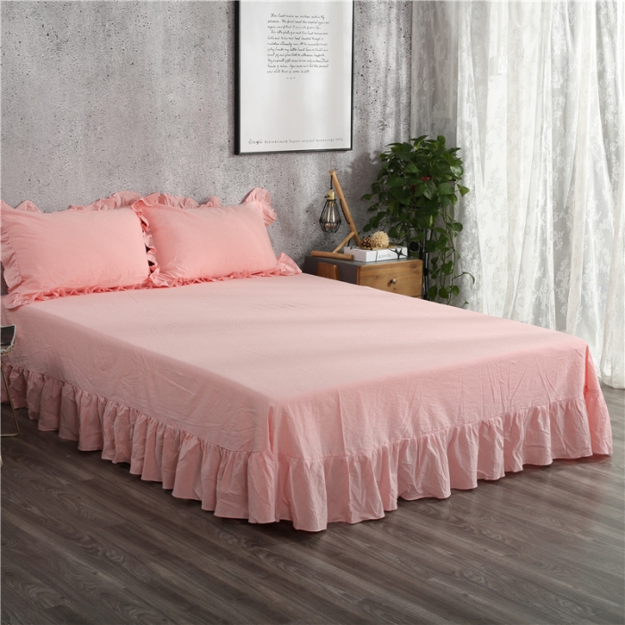 91家纺网 家纺一手货源 找家纺 福丽莱 全棉色织水洗棉四件套1.8m床（床裙款）中粉