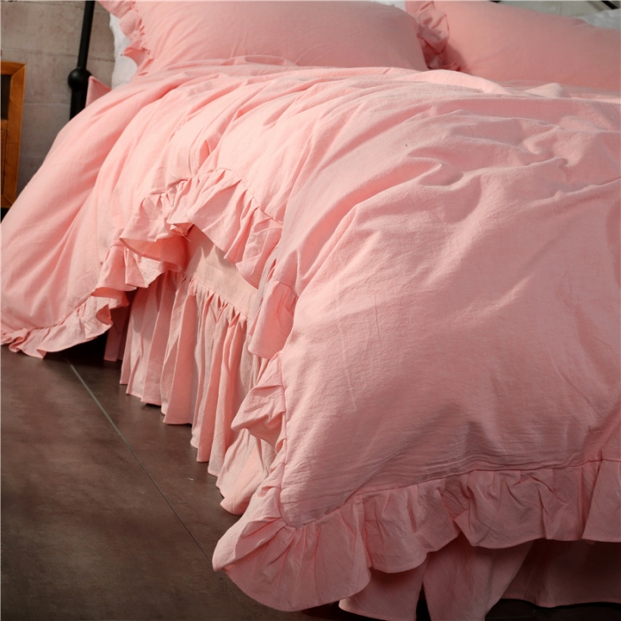 91家纺网 家纺一手货源 找家纺 福丽莱 全棉色织水洗棉四件套1.8m床（床裙款）中粉