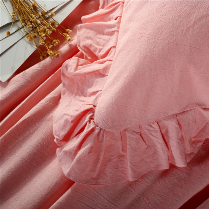 91家纺网 家纺一手货源 找家纺 福丽莱 全棉色织水洗棉四件套1.8m床（床裙款）中粉