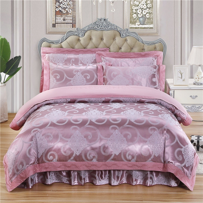 91家纺网 家纺一手货源 找家纺 福丽莱家纺 贡缎提花床裙四件套（单层）黛香-豆沙