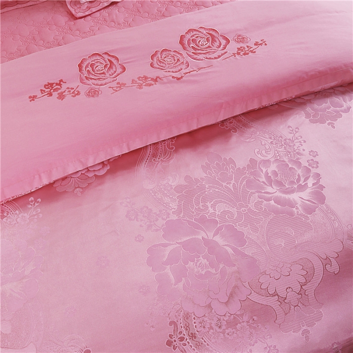 91家纺网 家纺一手货源 找家纺 福丽莱家纺 贡缎提花床裙四件套（单层）花团锦簇-粉玉