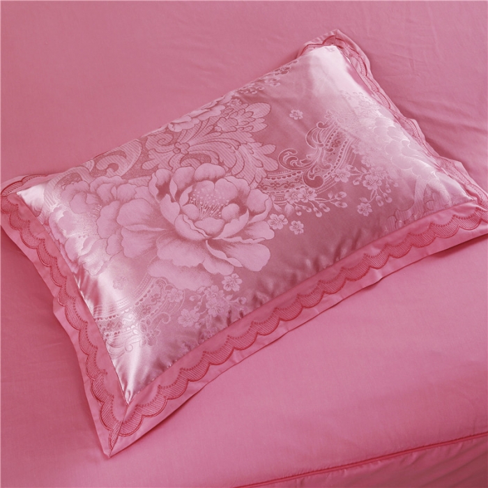 91家纺网 家纺一手货源 找家纺 福丽莱家纺 贡缎提花床裙四件套（单层）花团锦簇-粉玉