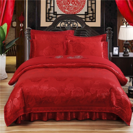 福丽莱家纺 贡缎提花床裙四件套（单层）玫瑰风情-大红