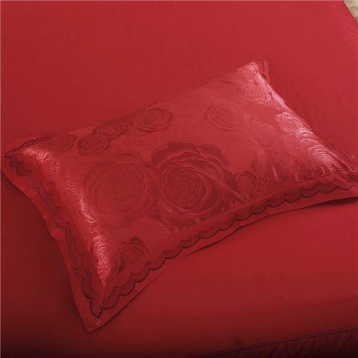 91家纺网 家纺一手货源 找家纺 福丽莱家纺 贡缎提花床裙四件套（单层）玫瑰风情-大红