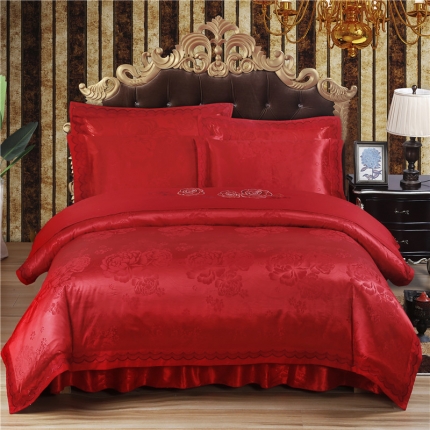 福丽莱家纺 贡缎提花床裙四件套（单层）暖心芳妍-大红