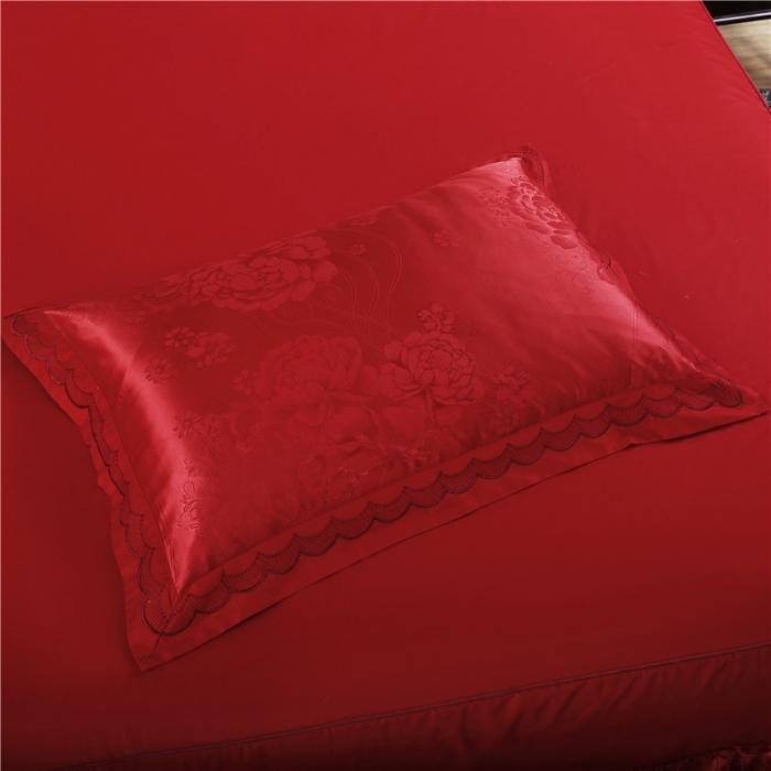 91家纺网 家纺一手货源 找家纺 福丽莱家纺 贡缎提花床裙四件套（单层）暖心芳妍-大红