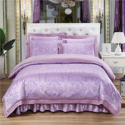 福丽莱家纺 贡缎提花床裙四件套（单层）浅芳菲-粉紫