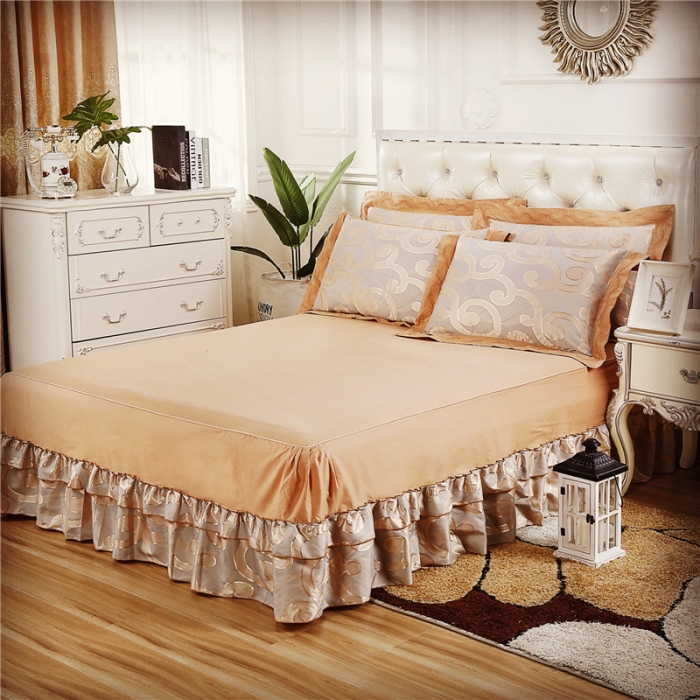 91家纺网 家纺一手货源 找家纺 福丽莱家纺 贡缎提花床裙四件套（单层）仙境青色