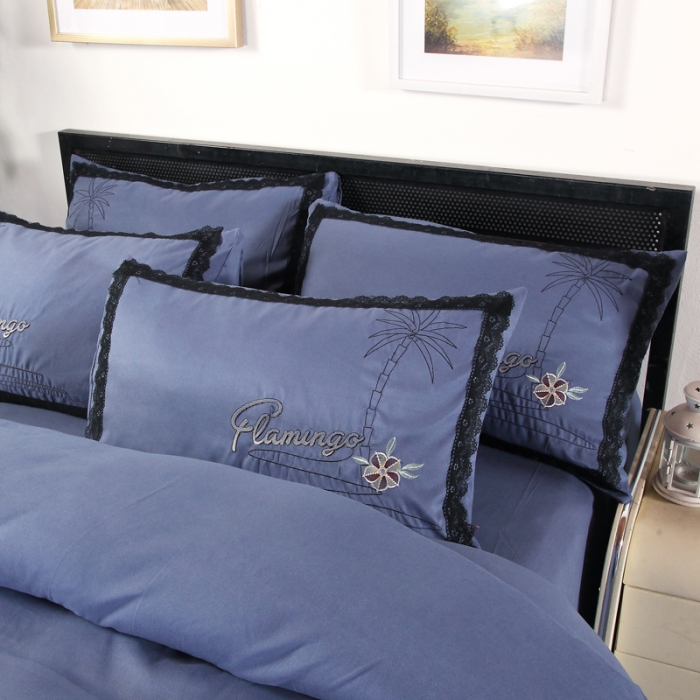 91家纺网 家纺一手货源 找家纺 福丽莱家纺 2019新款针织棉四件套 火鸟藏青蓝