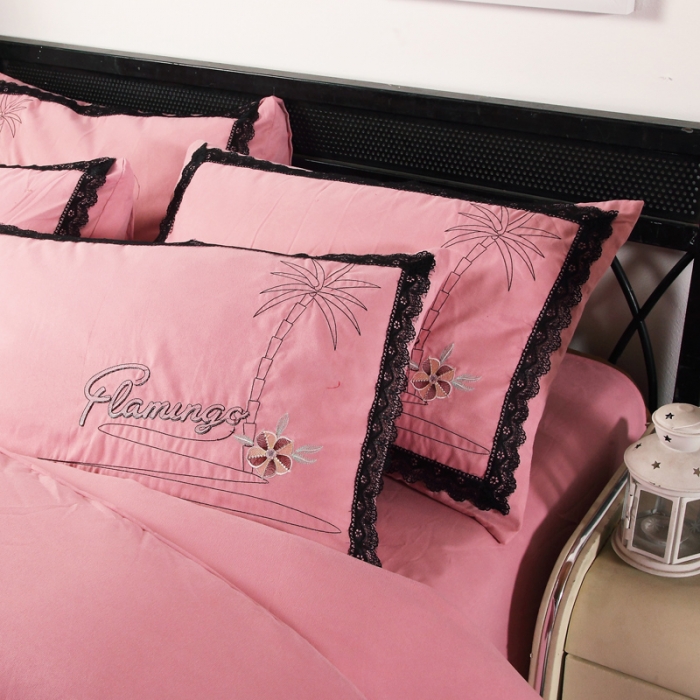 91家纺网 家纺一手货源 找家纺 福丽莱家纺 2019新款针织棉四件套 火鸟红豆沙