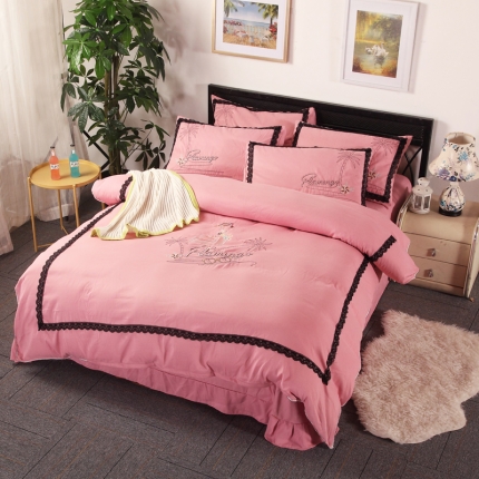 福丽莱家纺 2019新款针织棉四件套 火鸟红豆沙