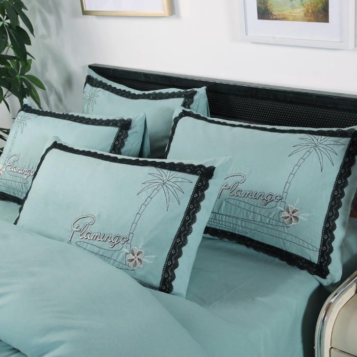 91家纺网 家纺一手货源 找家纺 福丽莱家纺 2019新款针织棉四件套 火鸟绿莎莎