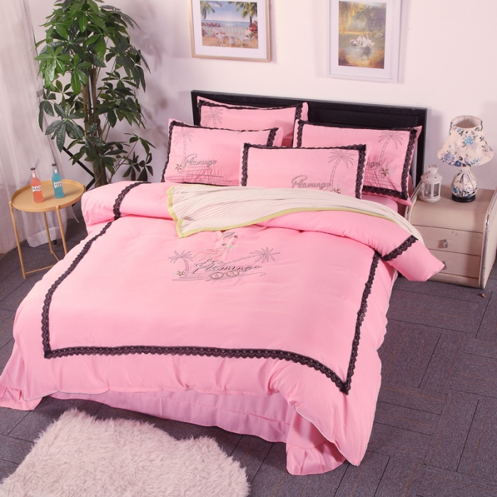 91家纺网 家纺一手货源 找家纺 福丽莱家纺 2019新款针织棉四件套 火鸟桃花粉