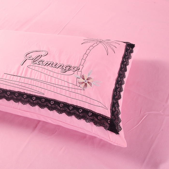 91家纺网 家纺一手货源 找家纺 福丽莱家纺 2019新款针织棉四件套 火鸟桃花粉