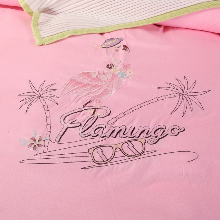 91家纺网 家纺一手货源 找家纺 福丽莱家纺 2019新款针织棉四件套 火鸟桃花粉