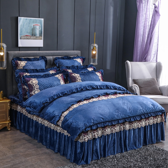 91家纺网 家纺一手货源 找家纺 福丽莱家纺 2019新款水晶绒床裙四件套 深蓝