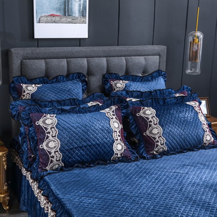 91家纺网 家纺一手货源 找家纺 福丽莱家纺 2019新款水晶绒床裙四件套 深蓝