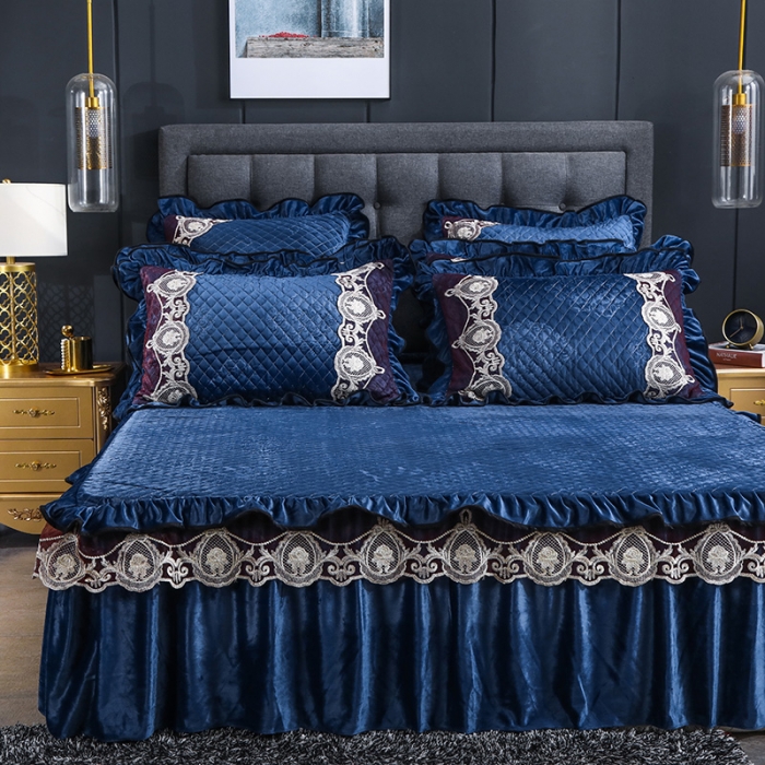 91家纺网 家纺一手货源 找家纺 福丽莱家纺 2019新款水晶绒床裙四件套 深蓝