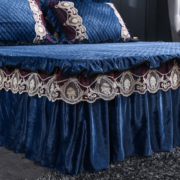 91家纺网 家纺一手货源 找家纺 福丽莱家纺 2019新款水晶绒床裙四件套 深蓝