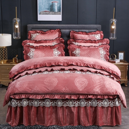 福丽莱家纺 2019新款水晶绒床裙四件套 豆沙