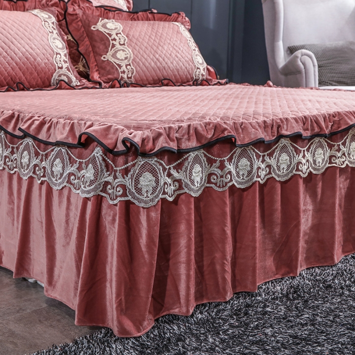 91家纺网 家纺一手货源 找家纺 福丽莱家纺 2019新款水晶绒床裙四件套 豆沙