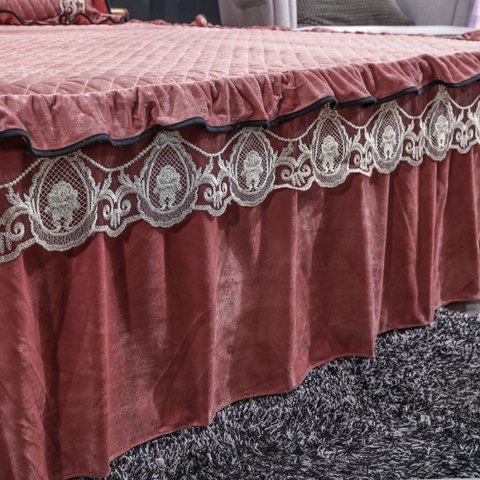 91家纺网 家纺一手货源 找家纺 福丽莱家纺 2019新款水晶绒床裙四件套 豆沙