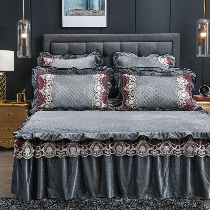 91家纺网 家纺一手货源 找家纺 福丽莱家纺 2019新款水晶绒床裙四件套 烟灰