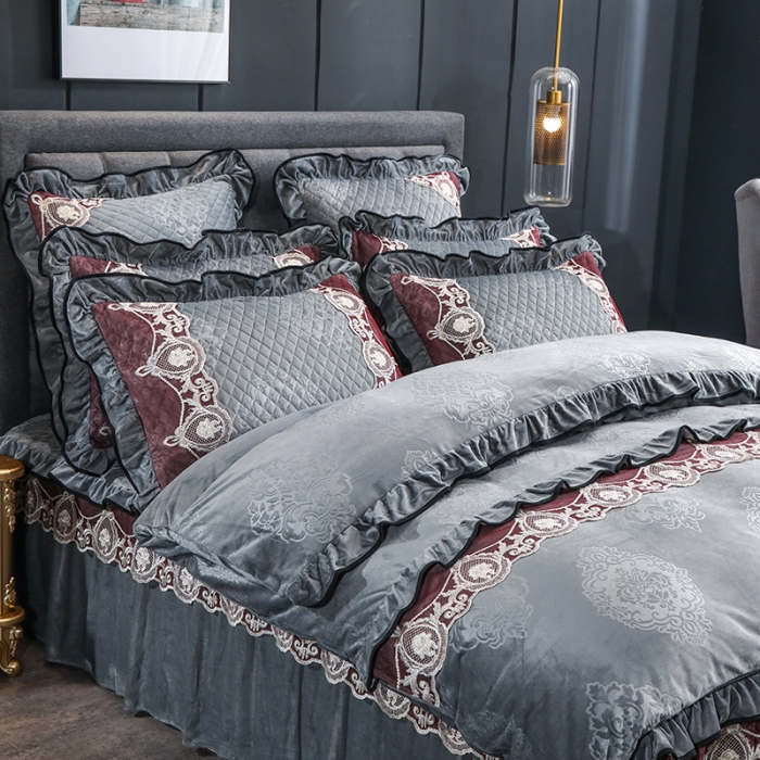 91家纺网 家纺一手货源 找家纺 福丽莱家纺 2019新款水晶绒床裙四件套 烟灰